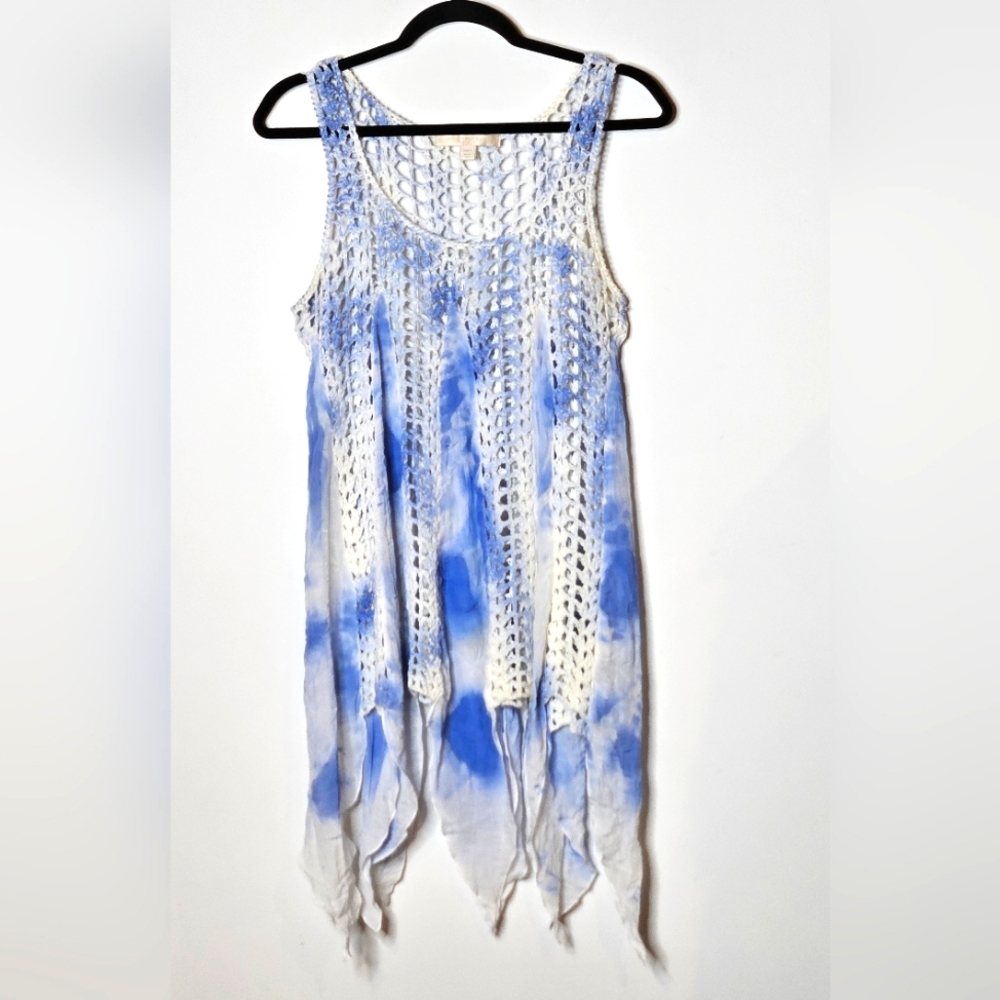 Boston Proper Crochet‎ Flowy Blue White Tank Top Swim Coverup Beach Womens Small